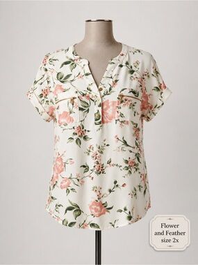 White Floral Henley Blouse - 2X